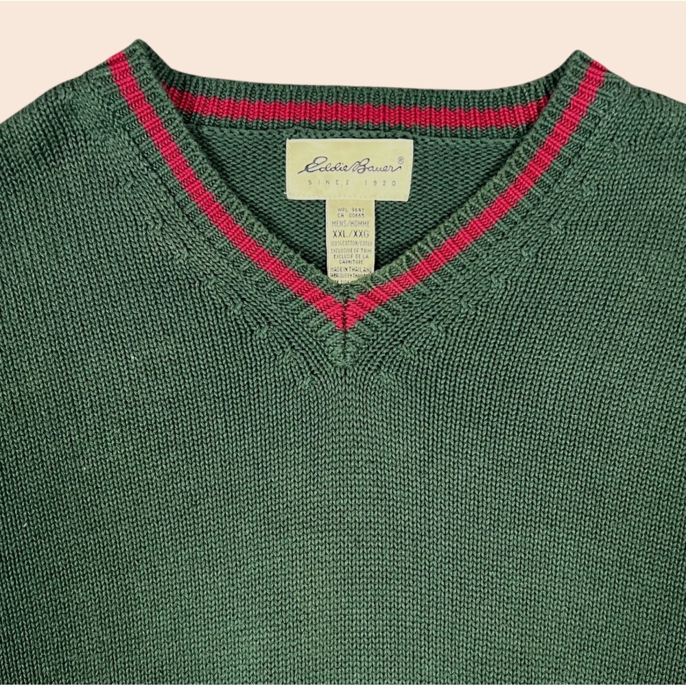 Vintage 90s Eddie Bauer Knit Pullover Sweater Mens XXL Green Red V-Neck